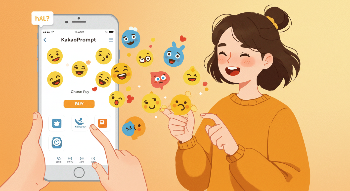 카카오톡 이모티콘 구매 과정을 단계별로 보여주는 장면