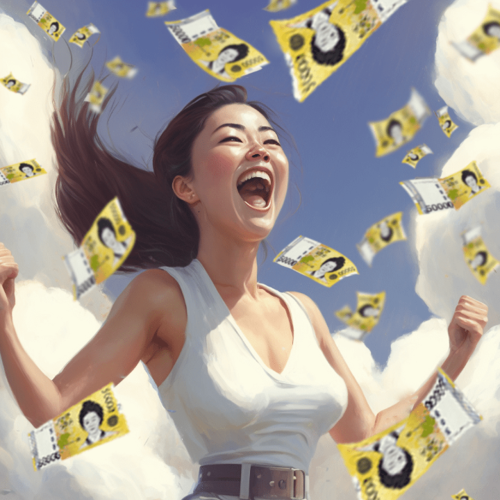 하늘에서-떨어지는-돈을보고-기뻐하는-여자