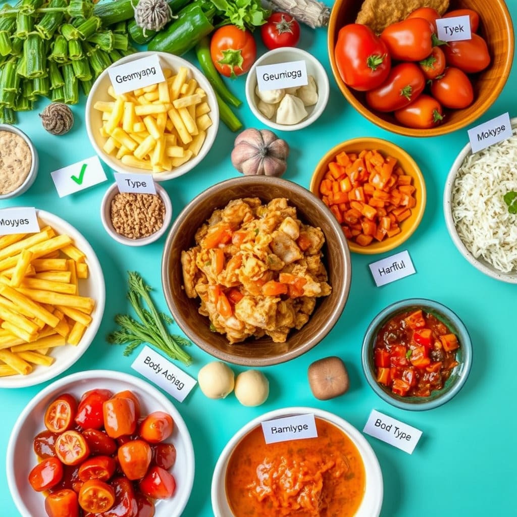 테이블 위에 다양한 식재료와 음식이 놓여 있고, 각 음식 위에는 '금양체질', '목음체질' 등 체질 이름이 적힌 작은 라벨이 붙어 있습니다. 일부 음식은 초록색 체크 표시로 '이로움'을, 다른 음식은 빨간색 X 표시로 '해로움'을 나타냅니다. 밝고 신선한 느낌의 색감으로 식욕을 돋우는 연출입니다.