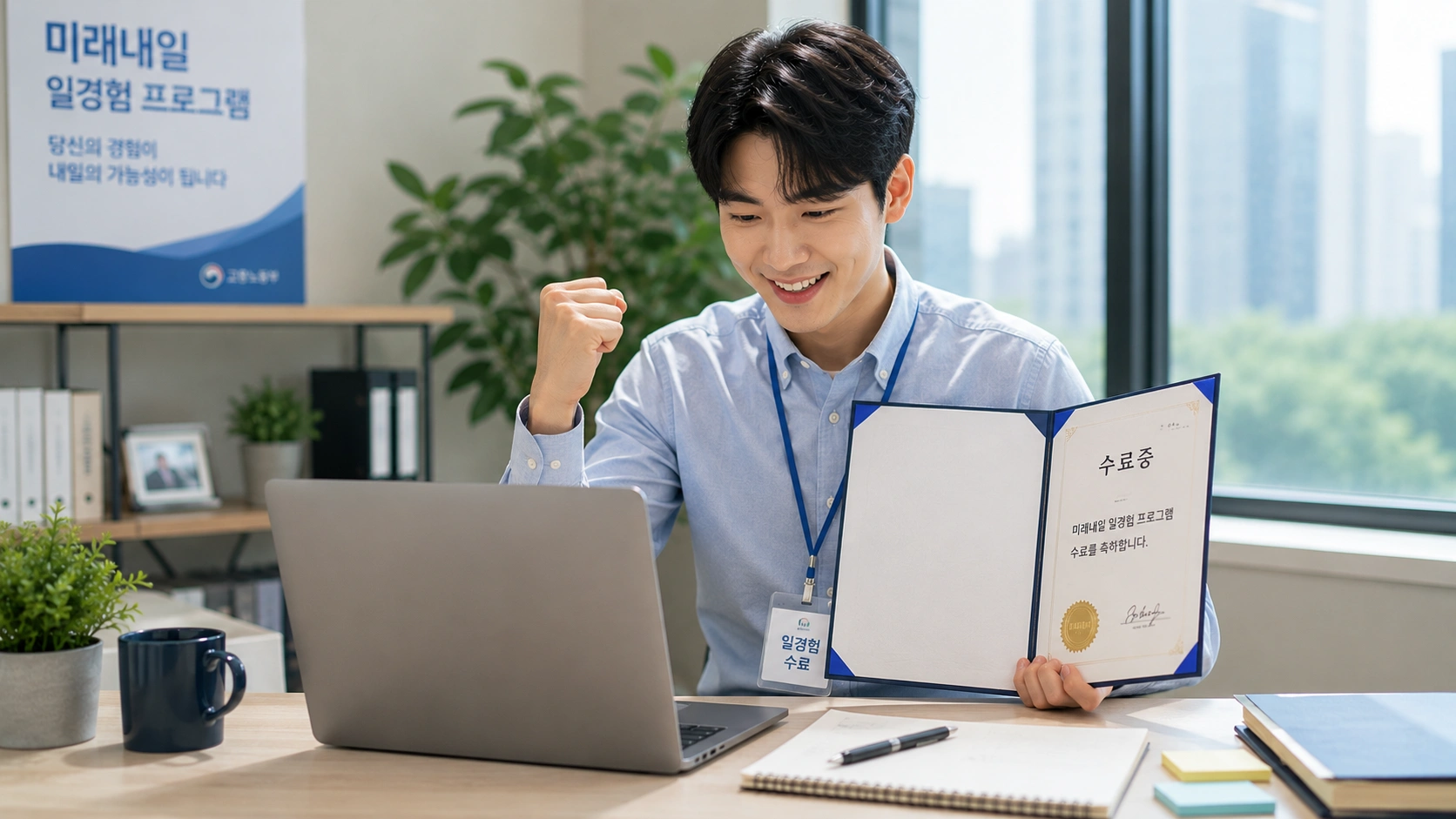 미래내일 일경험 프로그램을 성공적으로 마치고 실무 역량을 키우며 성장한 한국인 청년의 모습