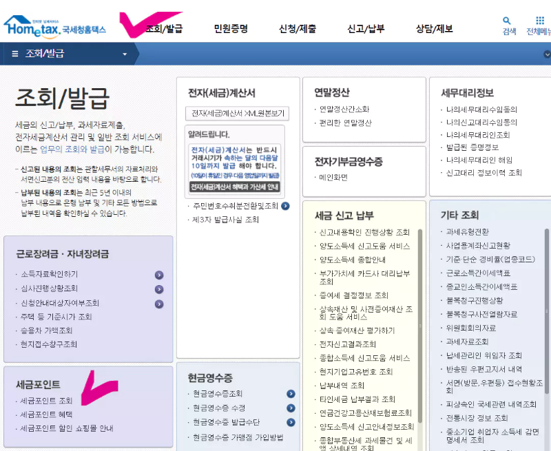 세금포인트 조회화면
