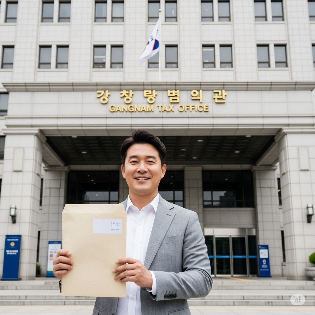한국 40대 남성이 국세청 앞에서 서류를 들고 환하게 웃는 모습