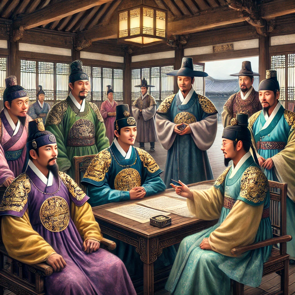 조선 중기 붕당 정치 속에서 논의 중인 선조와 신하들