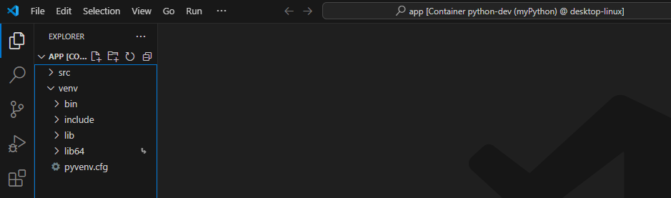 파이썬 컨테이너에 연결된 VSCode 화면