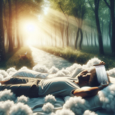 구름 속에서 일어나는 사람, 환상적인 빛이 비추는 숲길.