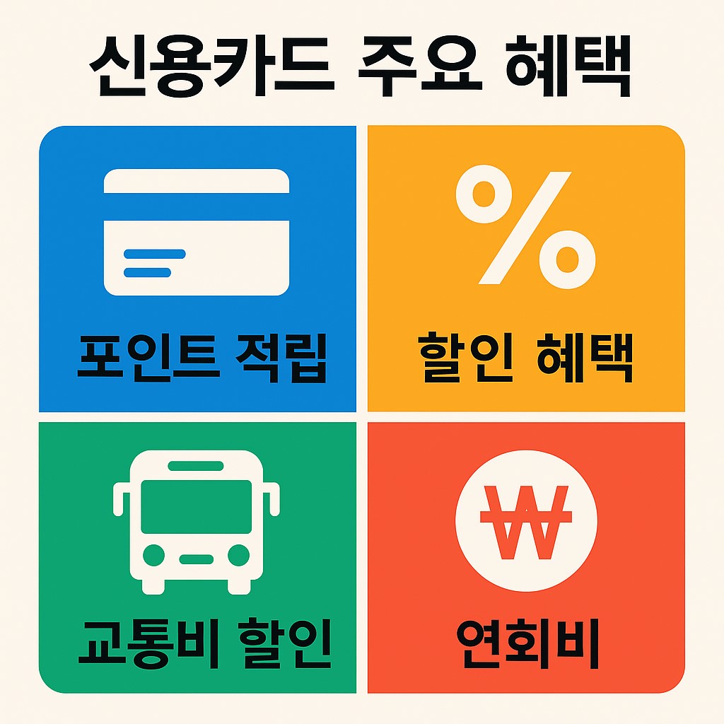 신용카드 주요 혜택 인포그래픽: 포인트 적립, 생활비 할인, 연회비 아이콘