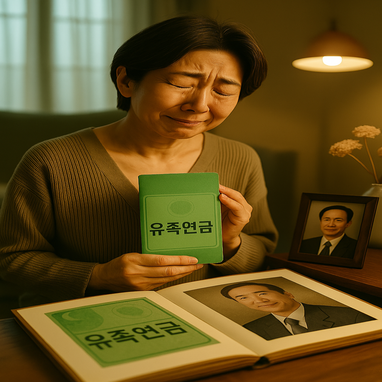 “조용한 실내에서 여성 유족이 눈물을 머금은 채 ‘유족연금’이라고 적힌 초록색 문서를 들고 있다. 앞에는 고인의 사진과 앨범이 펼쳐져 있다