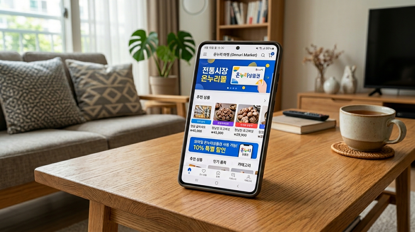 집에서 스마트폰 앱을 통해 온라인 제휴 쇼핑몰을 이용하는 모습.
