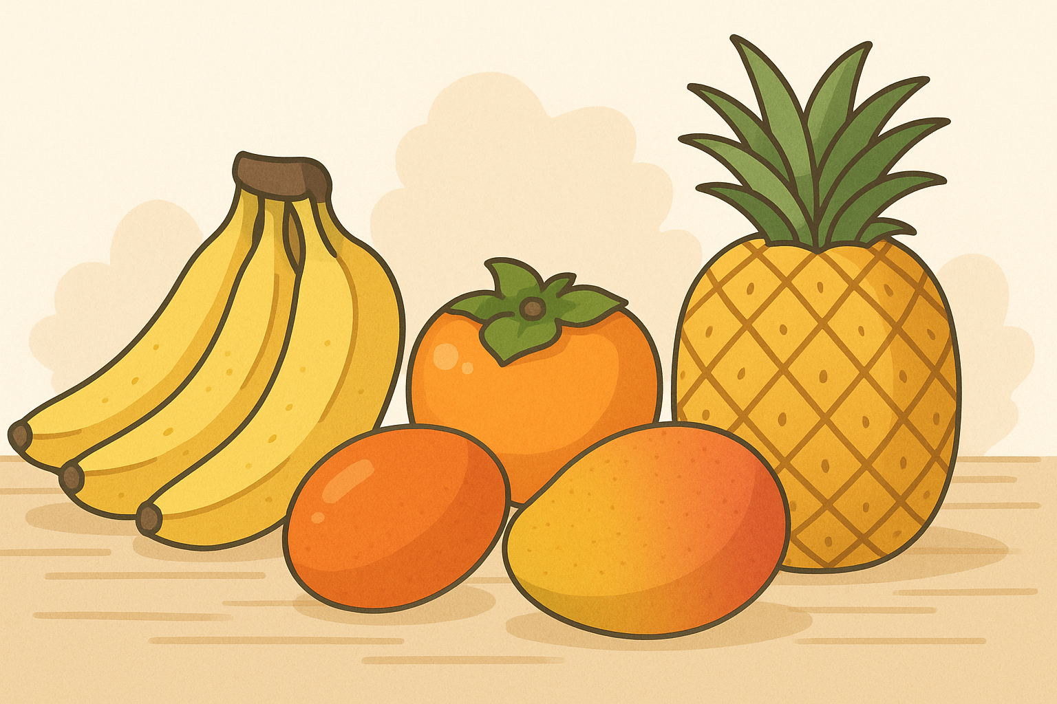 냉장보관하면 맛이 떨어지는 바나나, 감, 망고, 파인애플 일러스트