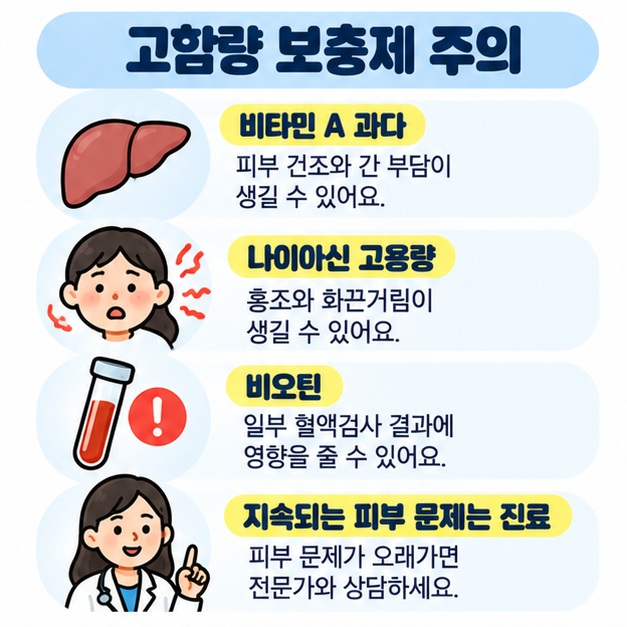 고용량 비타민 A와 나이아신 부작용, 비오틴의 검사 간섭, 피부질환을 영양제로만 치료하지 말아야 함을 정리한 카드