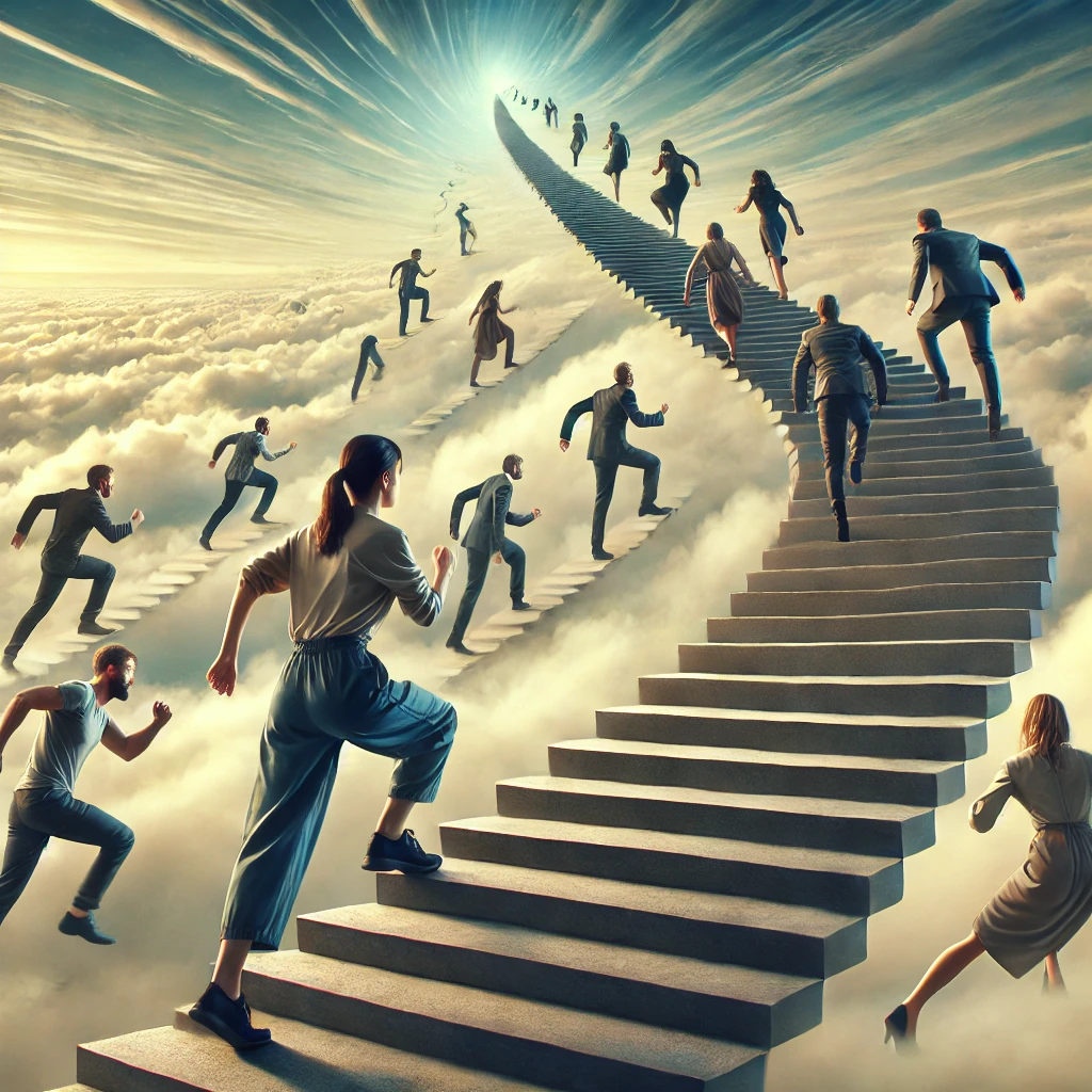 많은 사람들이 계단을 오르고 있는 사진