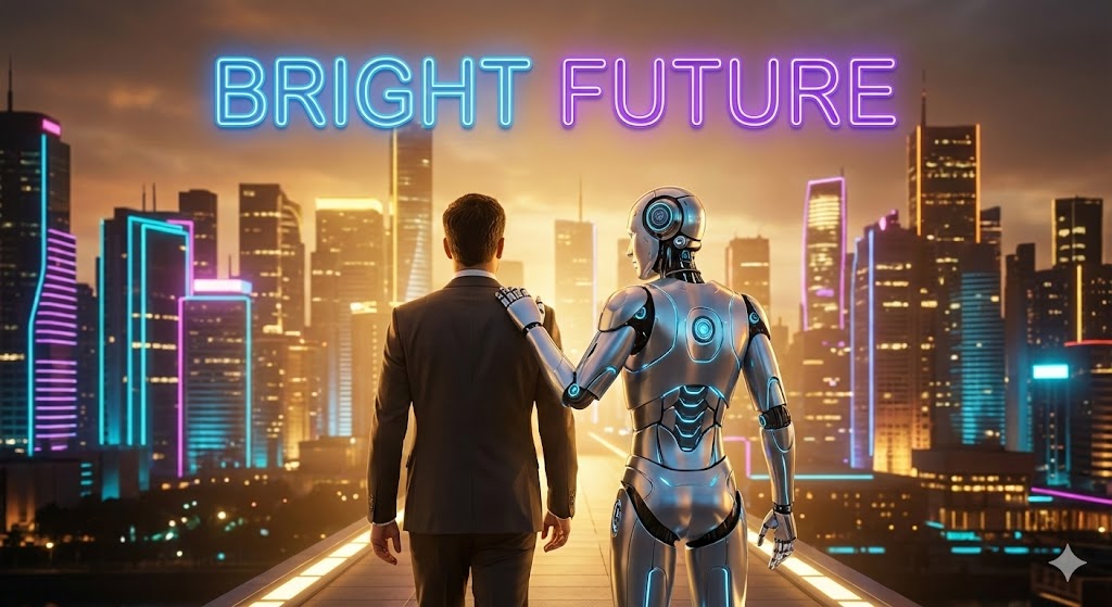 미래적인 도시를 배경으로 로봇과 인간이 나란히 걸어가는 뒷모습. 그들 머리 위로 'Bright Future with Robot'이라는 문구가 빛나는 희망찬 이미지