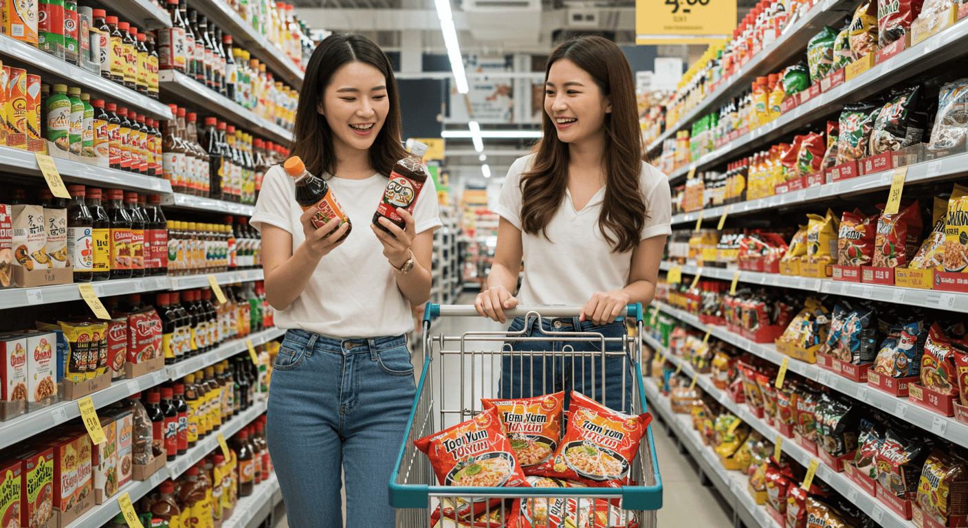 태국 대형마트에서 식품 쇼핑하는 여행자 사진