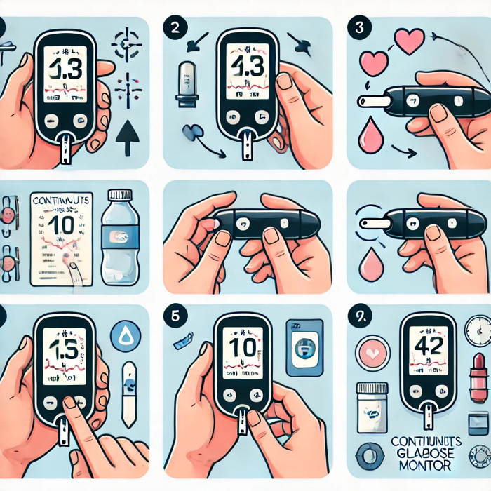 연속혈당측정기(CGM)를 사용하여 실시간 혈당 변화를 추적하는 과정을 단계별로 보여주는 일러스트.