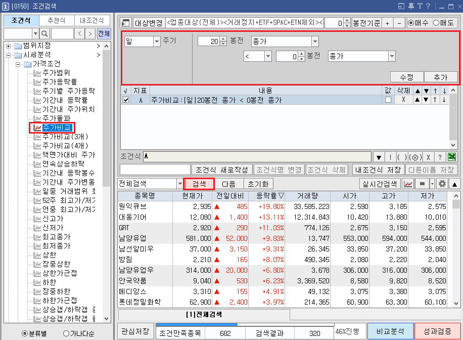 조건 검색 주가 비교