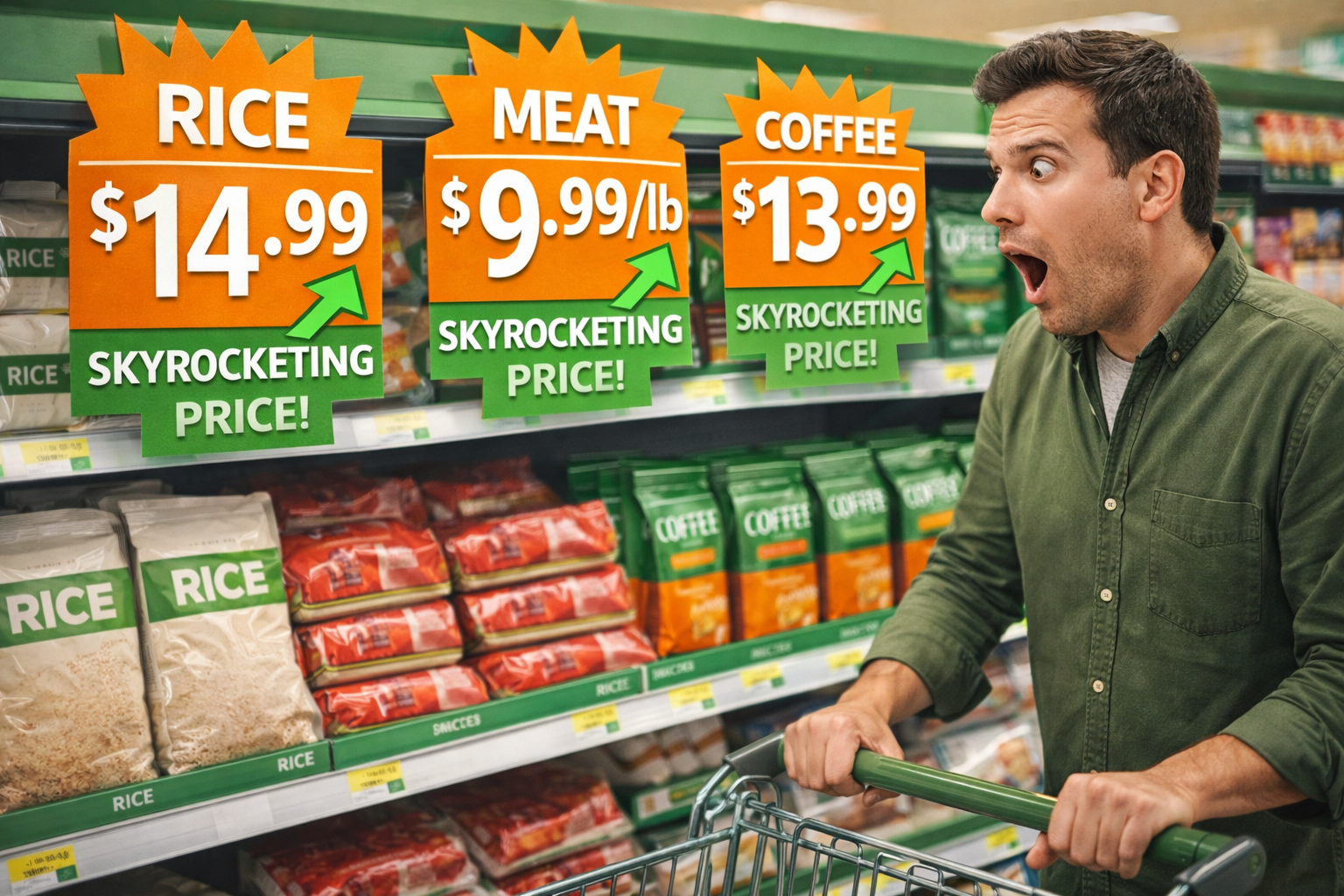 A shocked shopper staring at skyrocketing price tags for rice, meat, and coffee in a supermarket aisle, Green and Orange theme.