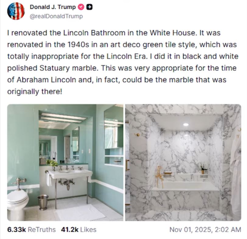 트럼프, 백악관 욕실 리모델링 유광대리석 황금빛 휴지까지 기간 비용