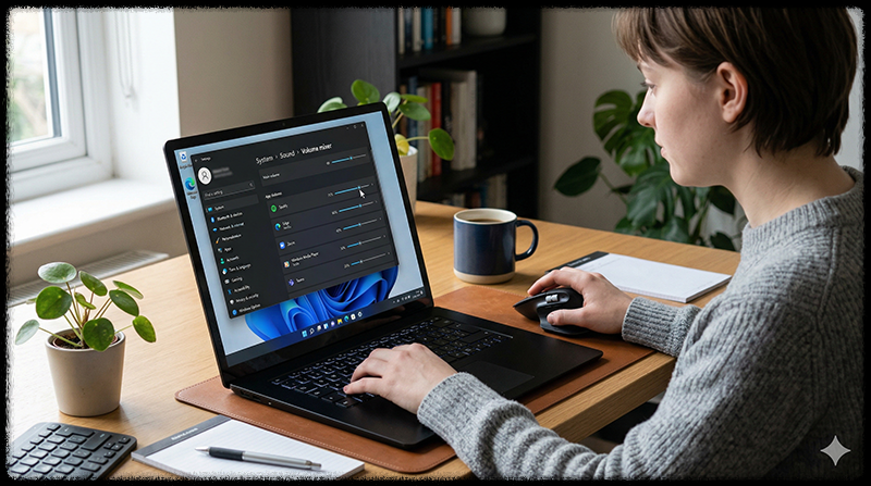 윈도우 볼륨 믹서에서 앱별 소리를 조정하는 모습