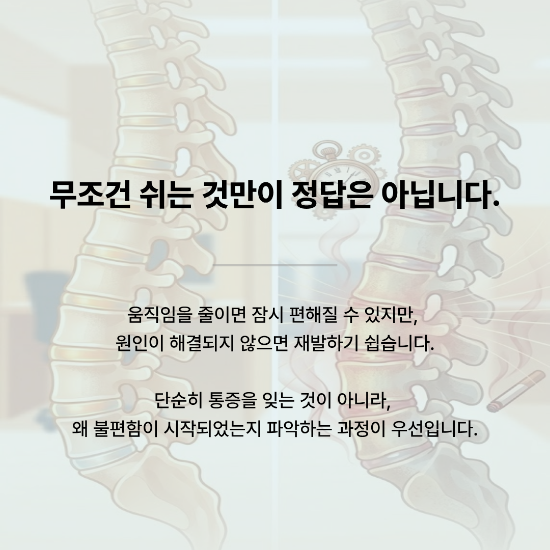 척추 배경 이미지 위에 '무조건 쉬는 것만이 정답은 아닙니다'라는 문구. 통증의 원인을 파악하고 재발을 방지해야 한다는 내용의 설명.