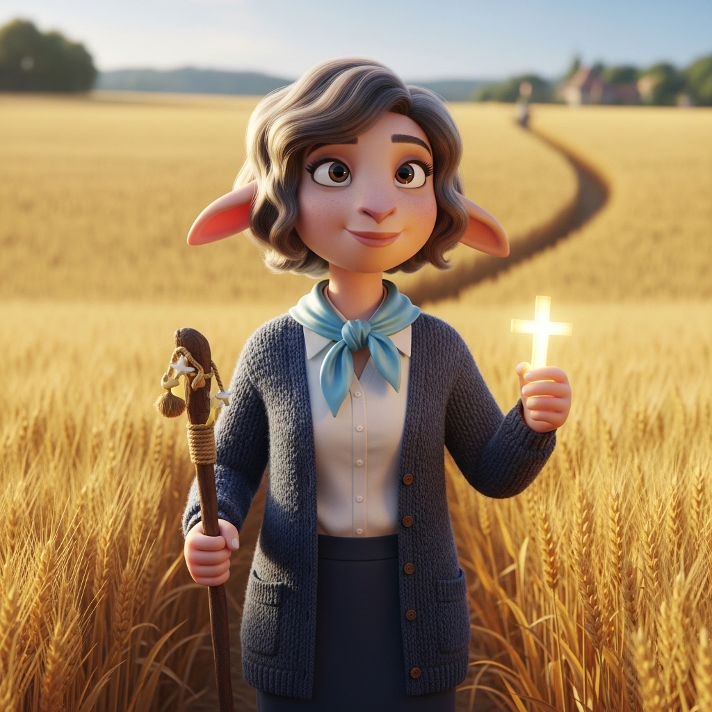 황금빛 밀밭 한가운데서 지팡이를 들고 세상을 향해 나아가는 단발머리의 양 선생님 캐릭터