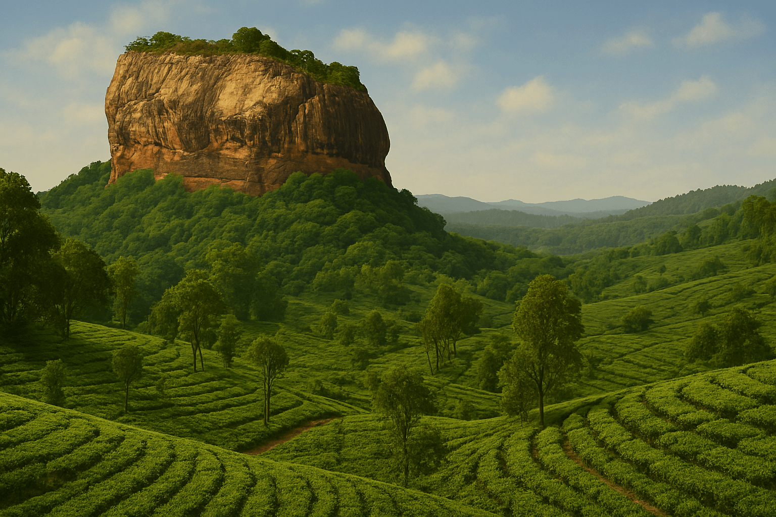 스리랑카 고산지대 누와라엘리야의 푸른 차밭이 구불구불한 언덕을 따라 끝없이 펼쳐져 있고, 멀리 산 안개가 어렴풋이 보이는 목가적인 풍경.