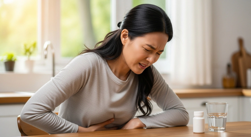 속쓰림을 느끼는 한국인 여성의 모습