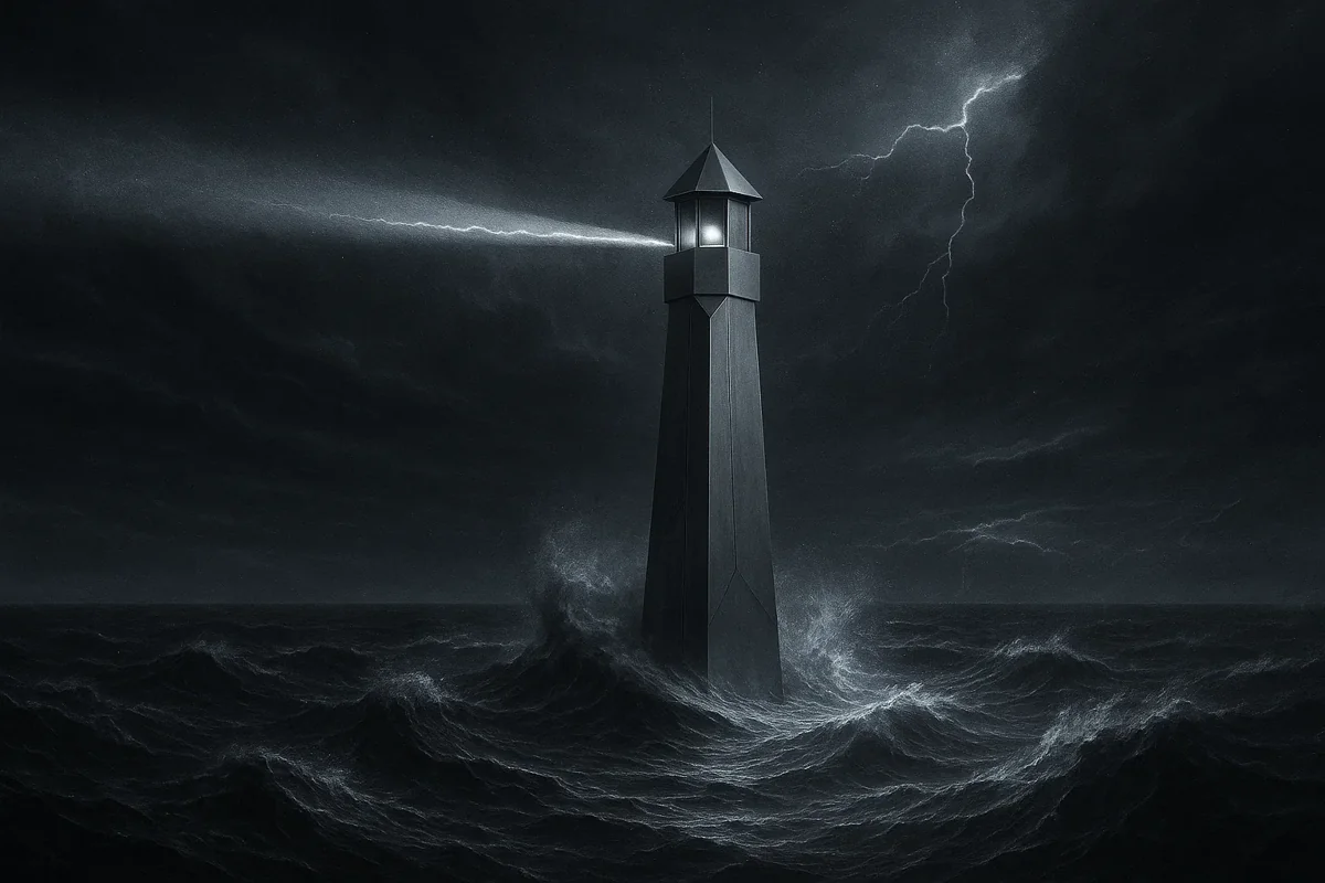 거친 폭풍우 속에서도 굳건히 불을 밝히는 등대의 이미지를 통해, 불확실한 시장에서 길잡이가 되어준다는 느낌을 전달