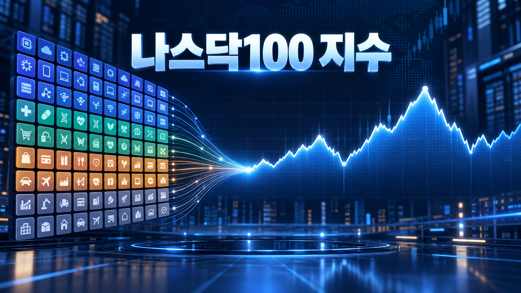 푸른 상승 차트와 100 숫자로 표현한 나스닥100 지수 대표 이미지