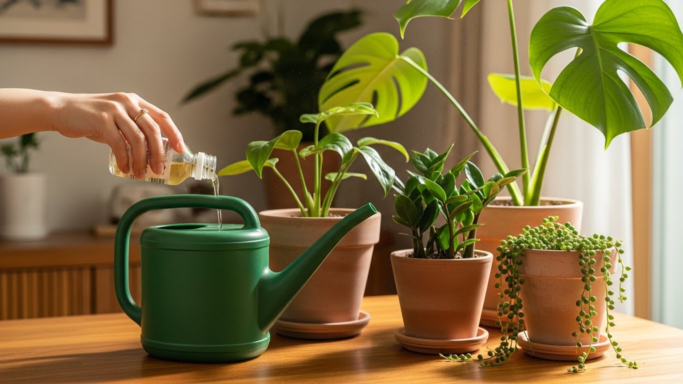 물에 희석한 액체비료를 준비하는 모습