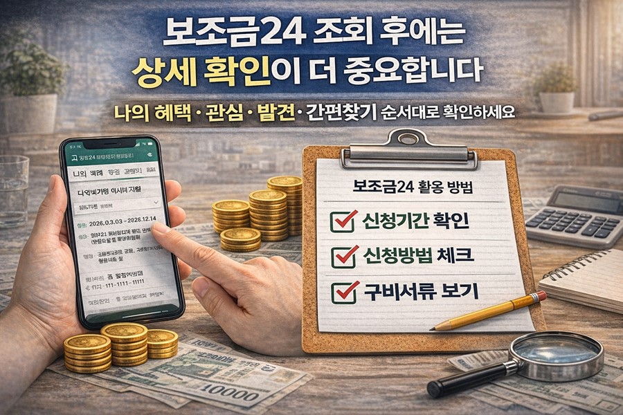보조금24에서 혜택을 조회한 뒤 신청기간과 신청방법, 구비서류를 꼭 확인해야 한다는 내용을 보여주는 체크리스트 이미지