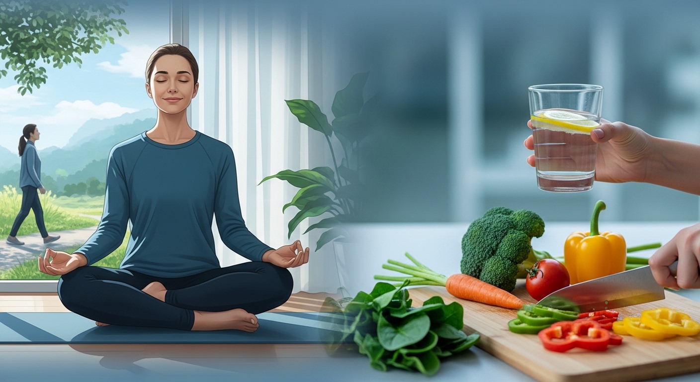 명상, 물 마시기, 채소 요리, 야외 걷기 등 장 건강을 위한 다양한 건강 생활 습관을 보여주는 그림, 과민대장증후군 관리를 위한 통합적 접근을 상징함