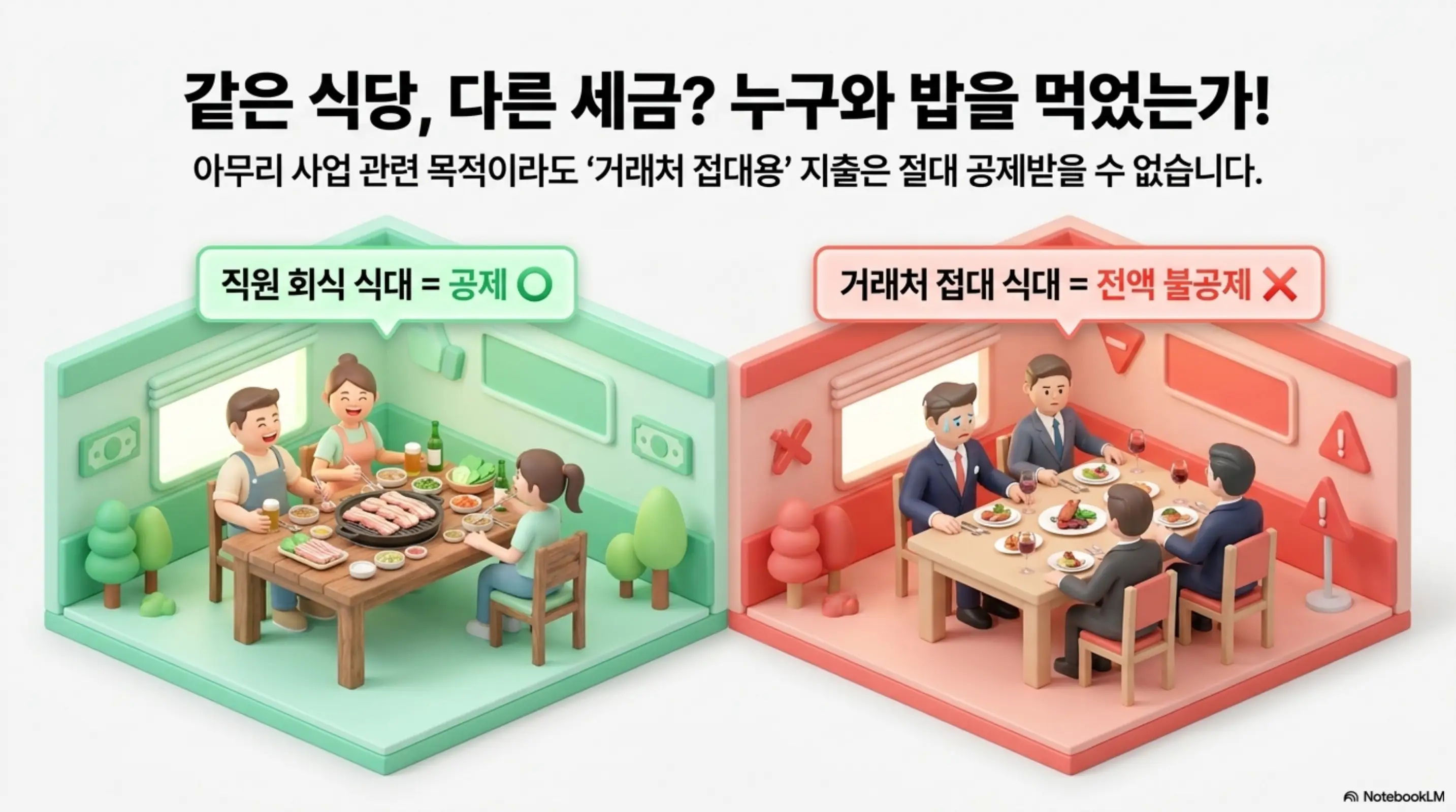 매입세액공제: 같은 식당 다른 세금 누구와 밥을 먹었는가라는 문구가 포함된 이미지. 직원 회식 식대는 공제로 거래처 접대 식대는 전액 불공제로 비교하여 직원식대 부가세 공제와 접대비 불공제의 차이를 시각적으로 전달하며 블로그의 식대 공제 판단 기준 안내를 설명함