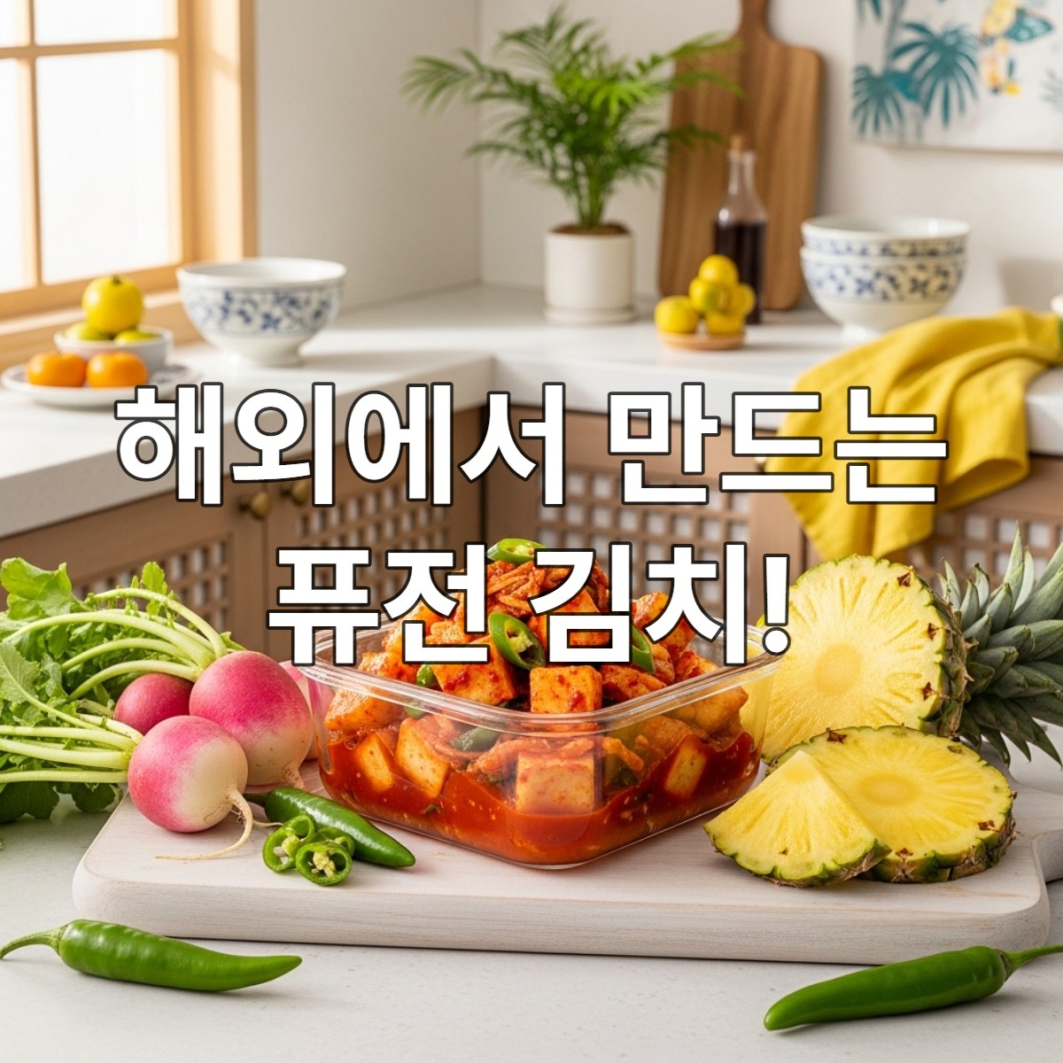신선한 파인애플 깍두기가 투명한 유리그릇에 담겨있고, 옆에는 잘린 파인애플과 무 조각이 놓여있는 먹음직스러운 모습.
