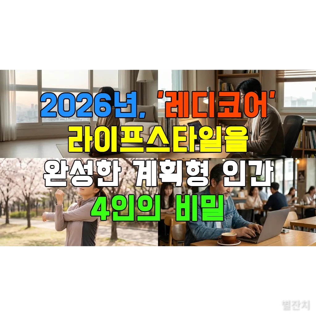 각기 다른 연령대의 한국인 4명이 명상, 재정 관리, 운동, 학습 등 레디코어 라이프스타일을 실천하는 모습