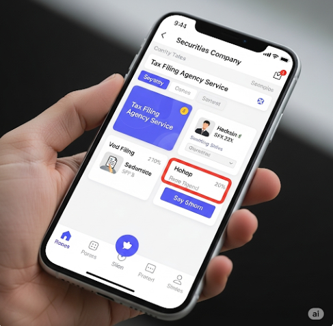 스마트폰 화면에 증권사 앱이 보이고, 그 안에 '세금 신고 대행 서비스' 메뉴가 강조되어 있는 이미지. 초보자도 쉽게 세금 신고를 할 수 있음을 상징