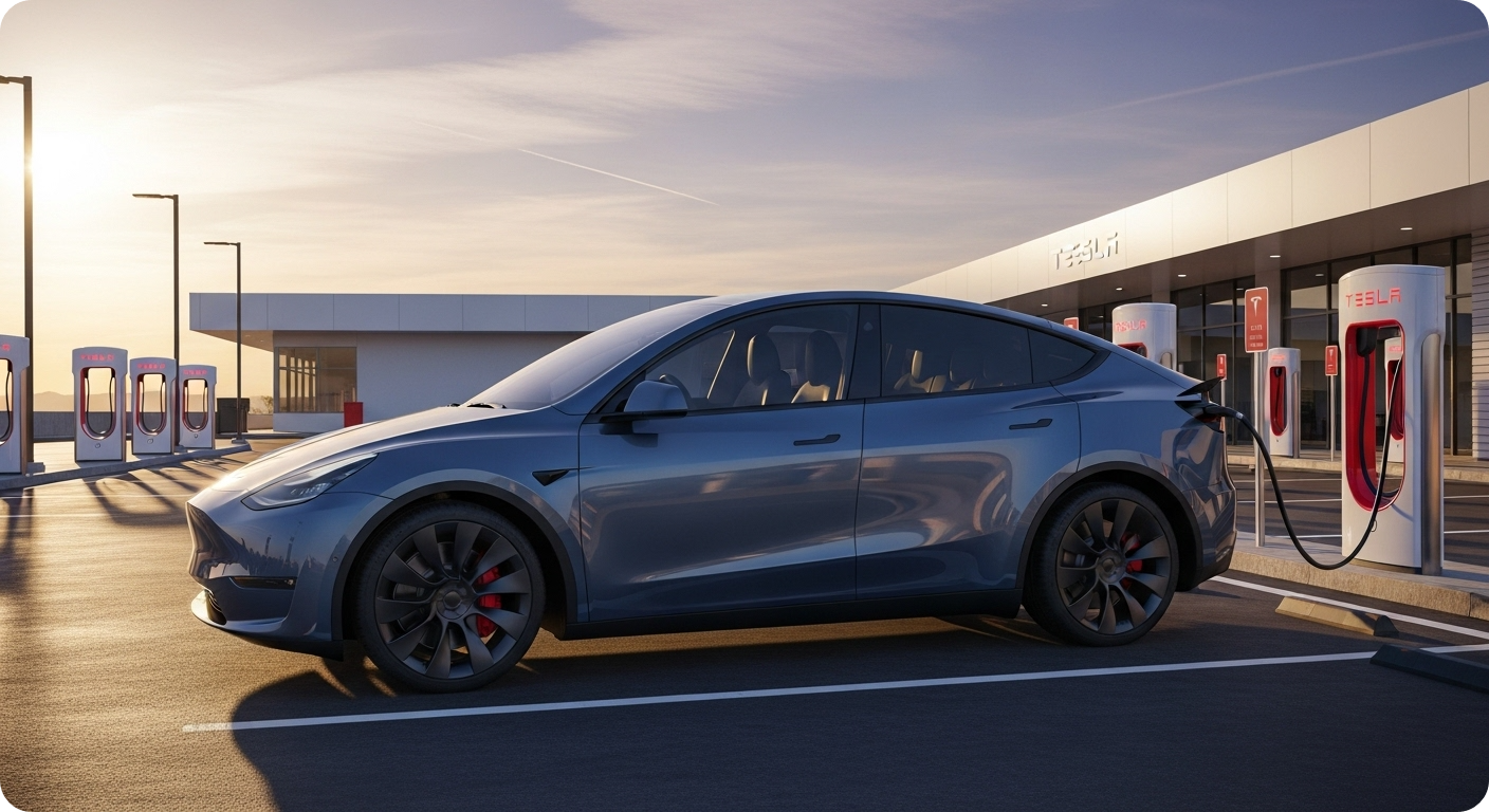 2025 테슬라 모델 Y 주니퍼가 슈퍼차저에서 충전 중인 모습
