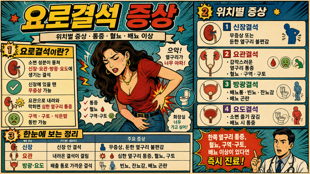 젊은 여성이 옆구리 통증과 혈뇨, 구토 등 요로결석 증상으로 고통받는 장면을 옛날 만화 스타일로 표현한 요로결석 증상 안내 이미지