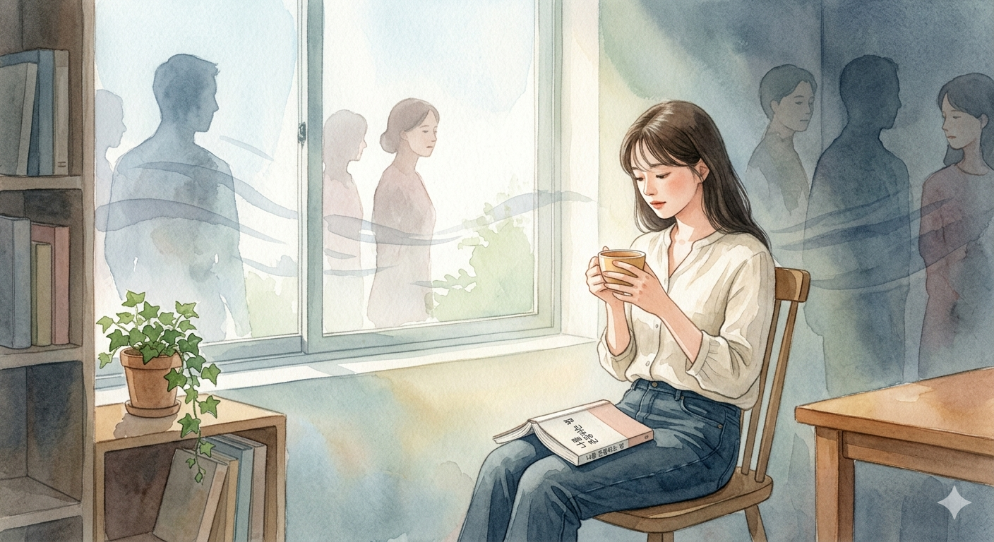 "수채화풍의 밝은 거실에서 여성이 바닥에 앉아 자신의 내면을 상징하는 알록달록한 돌들을 손바닥 위에 띄워놓고 평온하게 바라보는 모습. 관계 속에서 잃어버린 주도권과 존재감을 되찾으려는 심리적 과정을 시각화함."