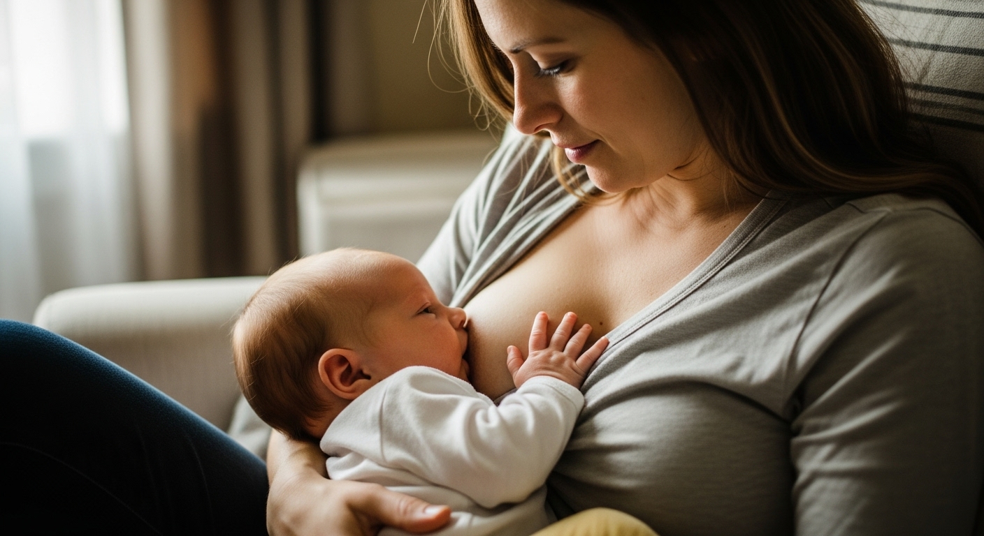 엄마가 아기를 안고 모유 수유하는 따뜻한 모습. 신생아 황달 관리에 있어 수유의 중요성을 나타냅니다.