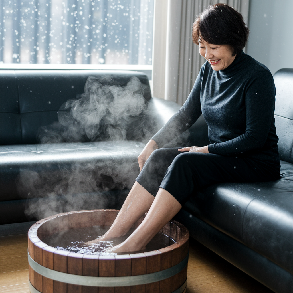 김이 모락모락 나는 족욕기에 발을 담ㄱ고 있는 중년 여성