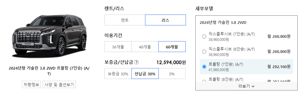 현대 더 뉴 팰리세이드 리스 가격표