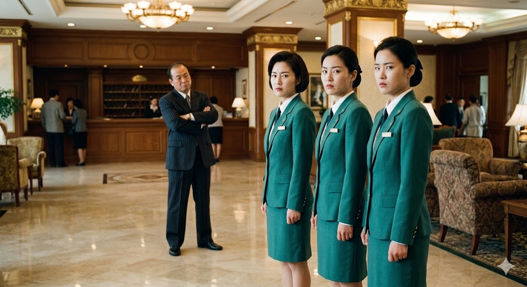 화려한 특급 호텔 로비에서 단아한 유니폼을 입고 정면을 응시하는 주인공들과 그 뒤로 보이는 비열한 간부 오달수의 대립 구도