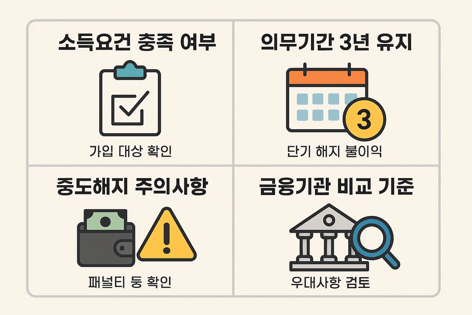 ISA계좌 서민형 가입을 준비할 때 필수로 알아야 할 소득요건, 의무기간, 중도해지 주의사항, 금융기관 비교 기준을 시각적으로 정리한 2025년 최신 안내 인포그래픽.