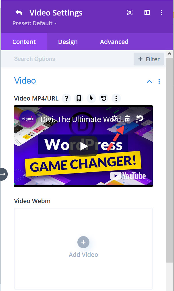 워드프레스 Divi 테마의 동영상 슬라이더 - 기본 설정 동영상 삭제하기