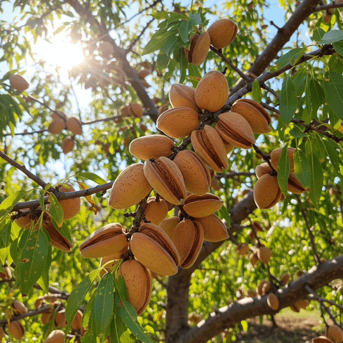 나무에 탐스럽게 열린 생 아몬드 이미지