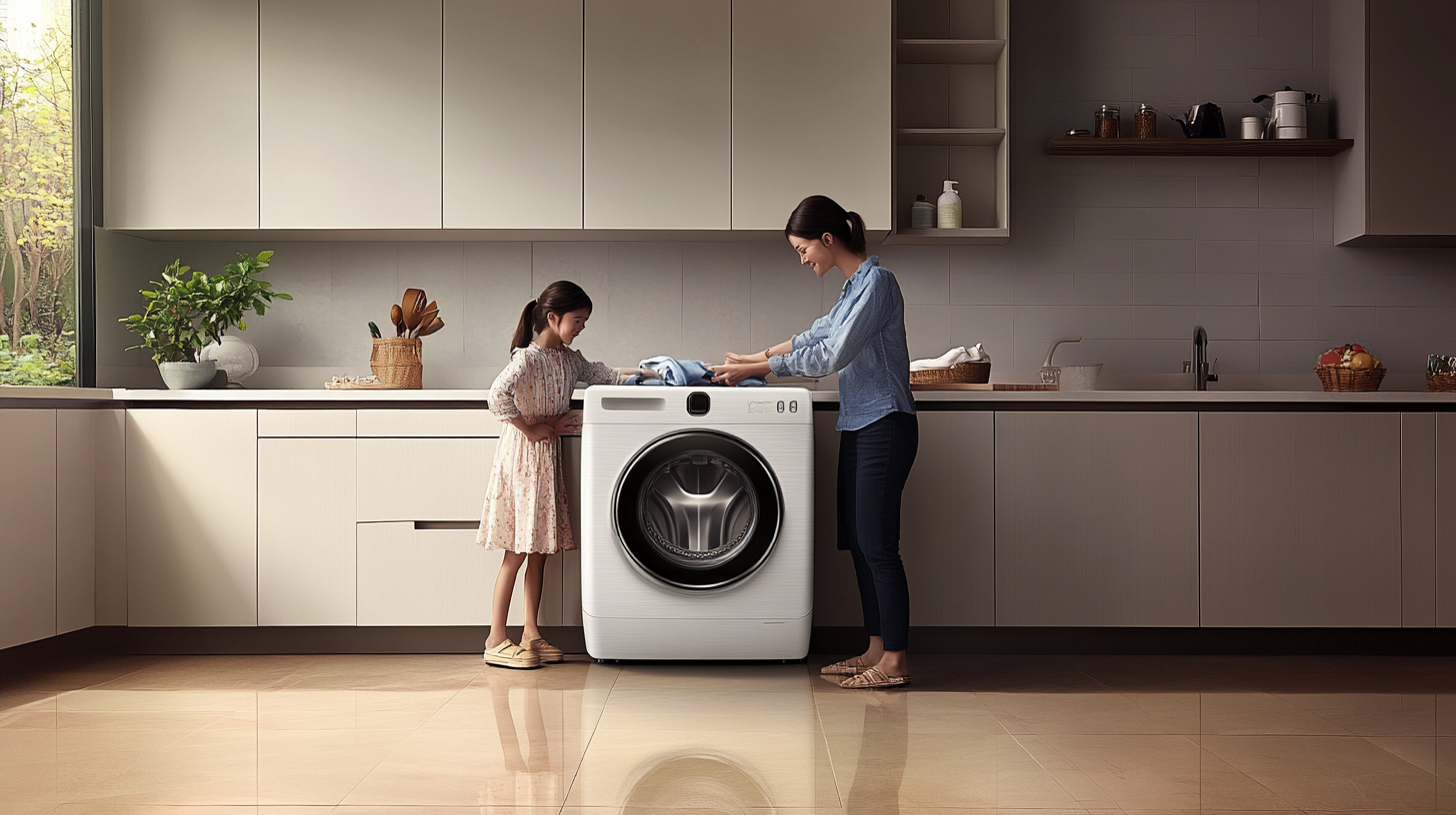 가족이 세련된 주방에서 삼성 WF21CB6650BW2N을 활용하여 가득 찬 빨래를 처리하는 모습을 통해 대용량 세탁 기능과 가족 친화성을 강조