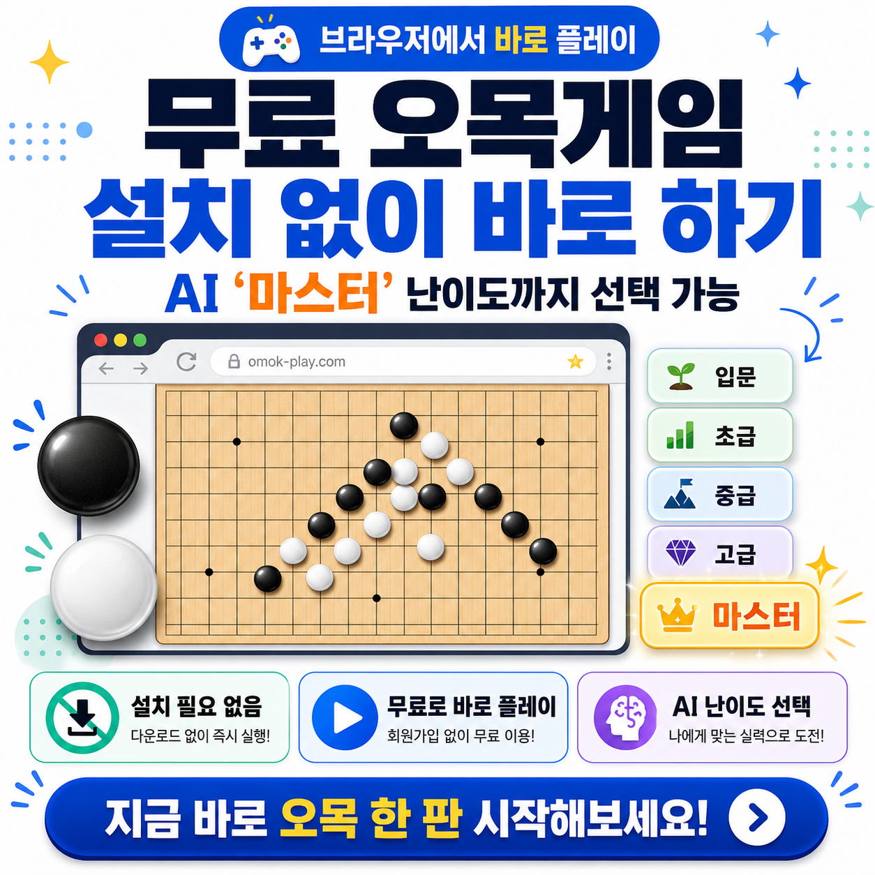 무료 오목게임 설치 없이 바로 하기…AI ‘마스터’ 난이도까지 선택 가능