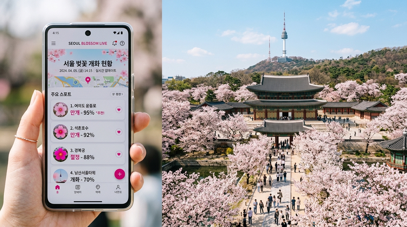 서울 주요 벚꽃 명소의 실시간 개화 상황을 확인하는 스마트폰 화면과 만개한 벚꽃 이미지