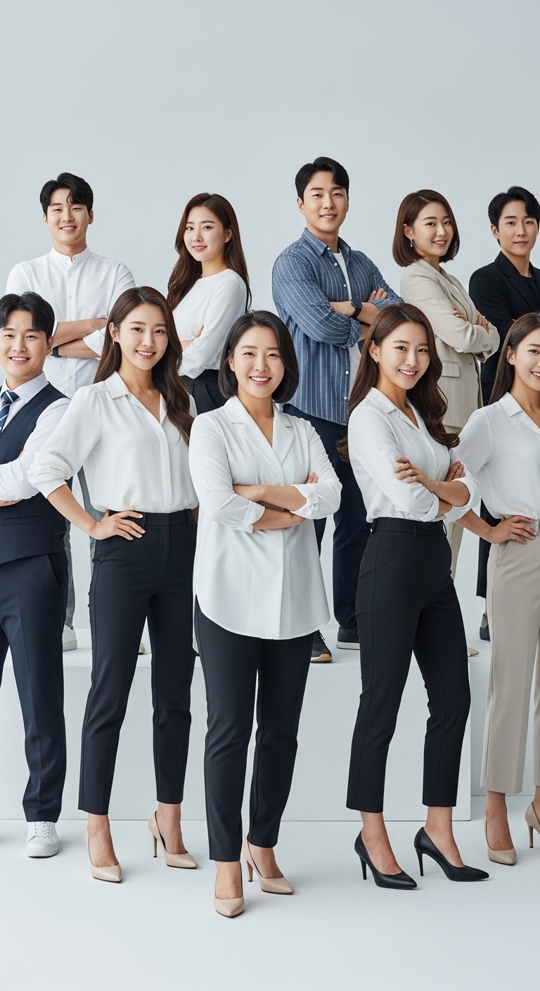 자신감 있게 미소 지으며 포즈를 취하고 있는 다양한 체형의 사람들