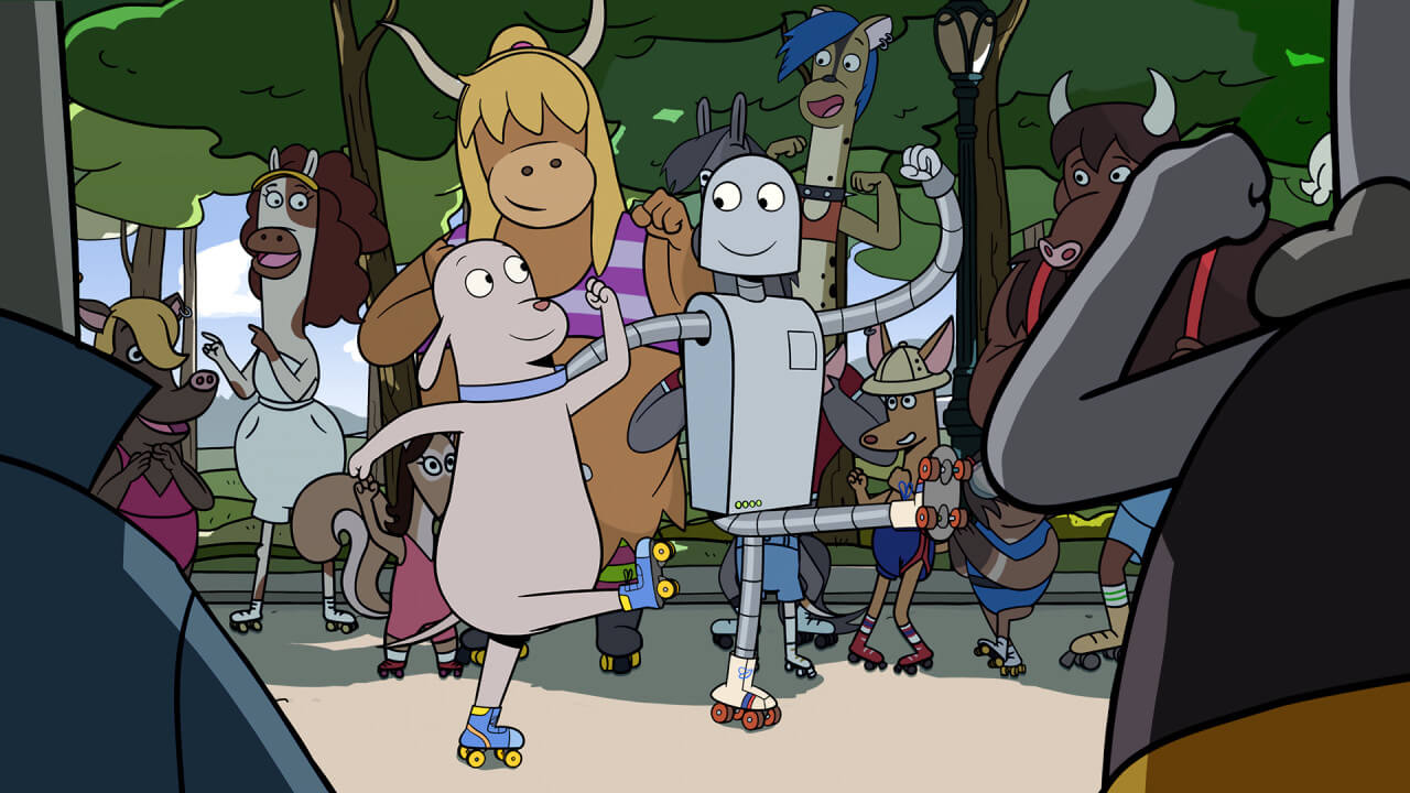 로봇드림 속 롤러스케이트 타는 로봇과 도그